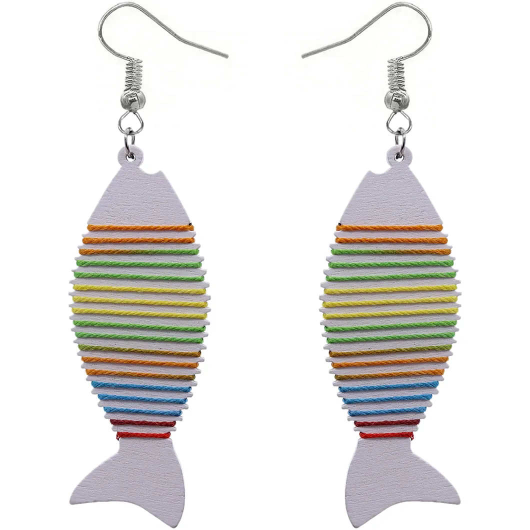 White Multicolor Wooden Woven Fish Earrings