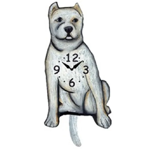 White Pointy Pit bull Dog Wagging Pendulum Clock