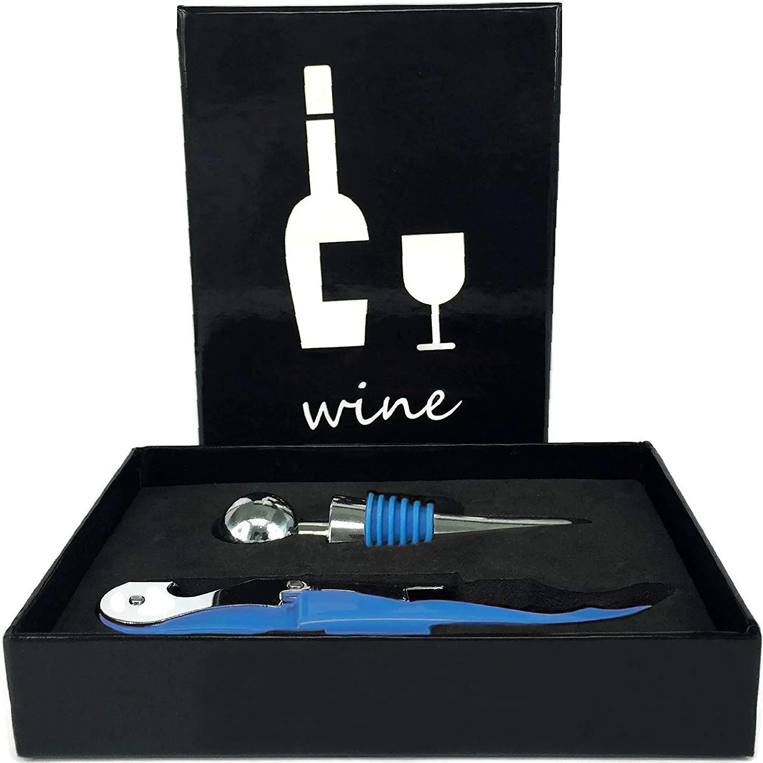 Wine Opener Set - Double Hinged Wine Key & Matching Bottle Stopper by Trendy Bartender - Set Of Cork Screw With Foil Knife & Stopper In Placid Blue Color - Wine Bottle and Beer Bottle Opener In One