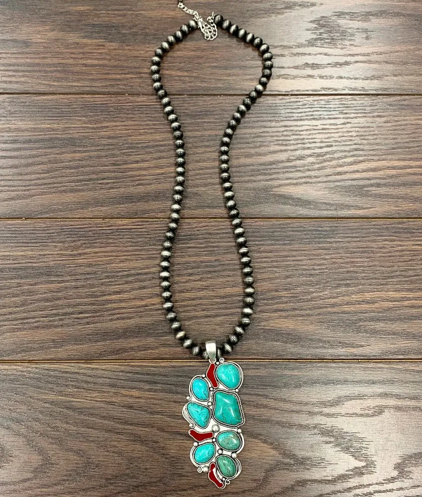 Winston 10mm Fashion Navajo Necklace With Turquoise & Coral Pendant - 30"
