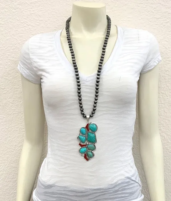 Winston 10mm Fashion Navajo Necklace With Turquoise & Coral Pendant - 30"