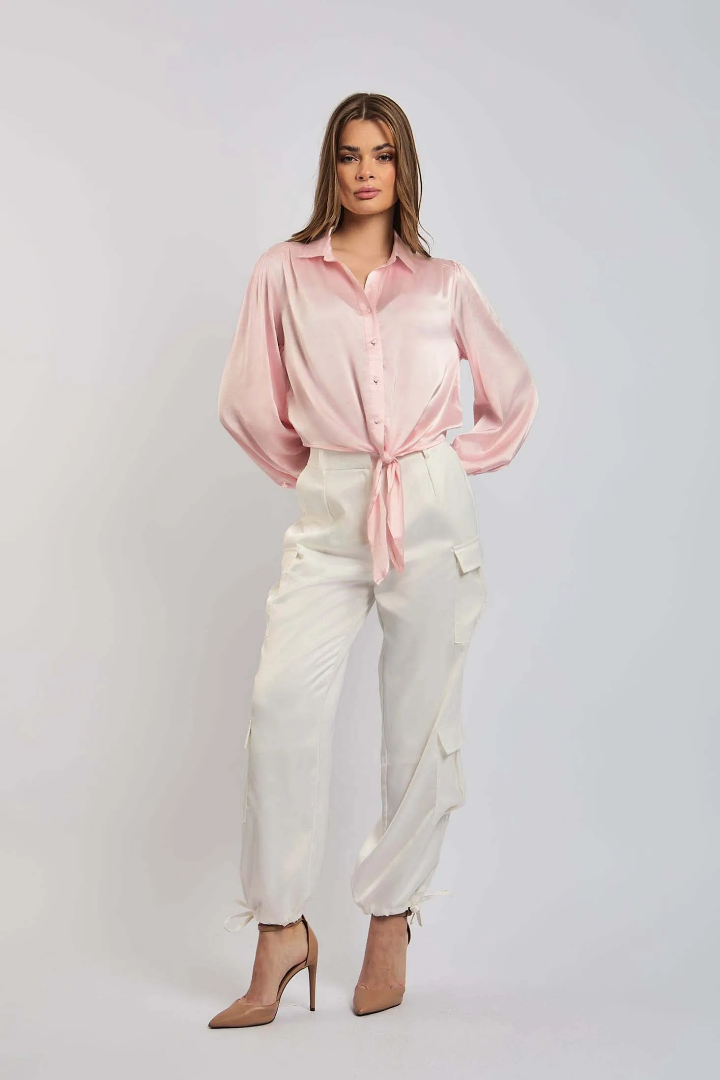 Women Blouse Cropped Knotted  Long Sleeves Pink