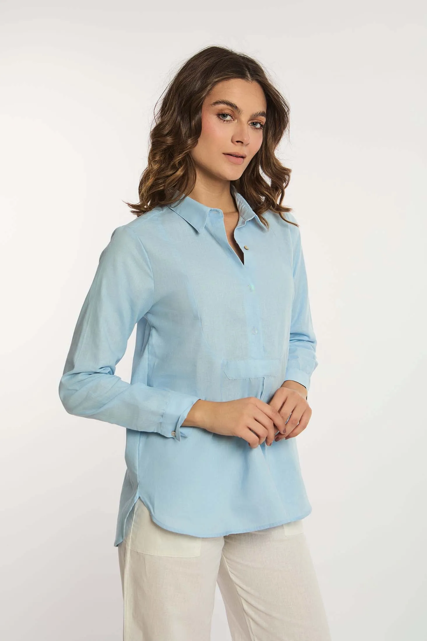 Women Blouse Long Sleeve Chest Cut Blue