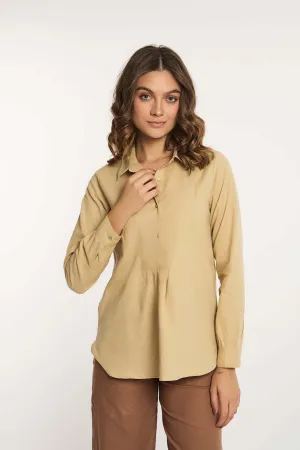 Women Blouse Long Sleeve Chest Cut Brown