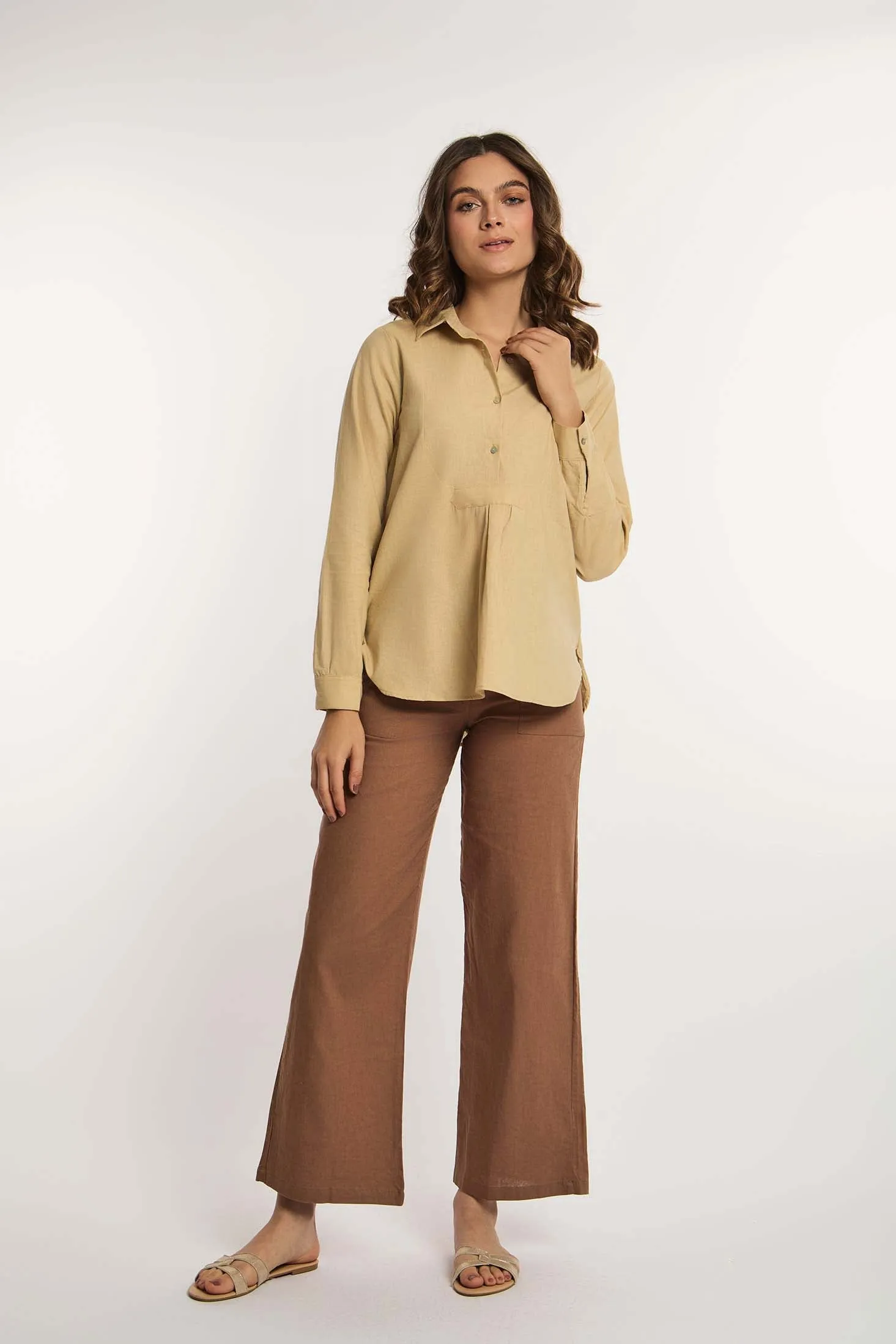 Women Blouse Long Sleeve Chest Cut Brown