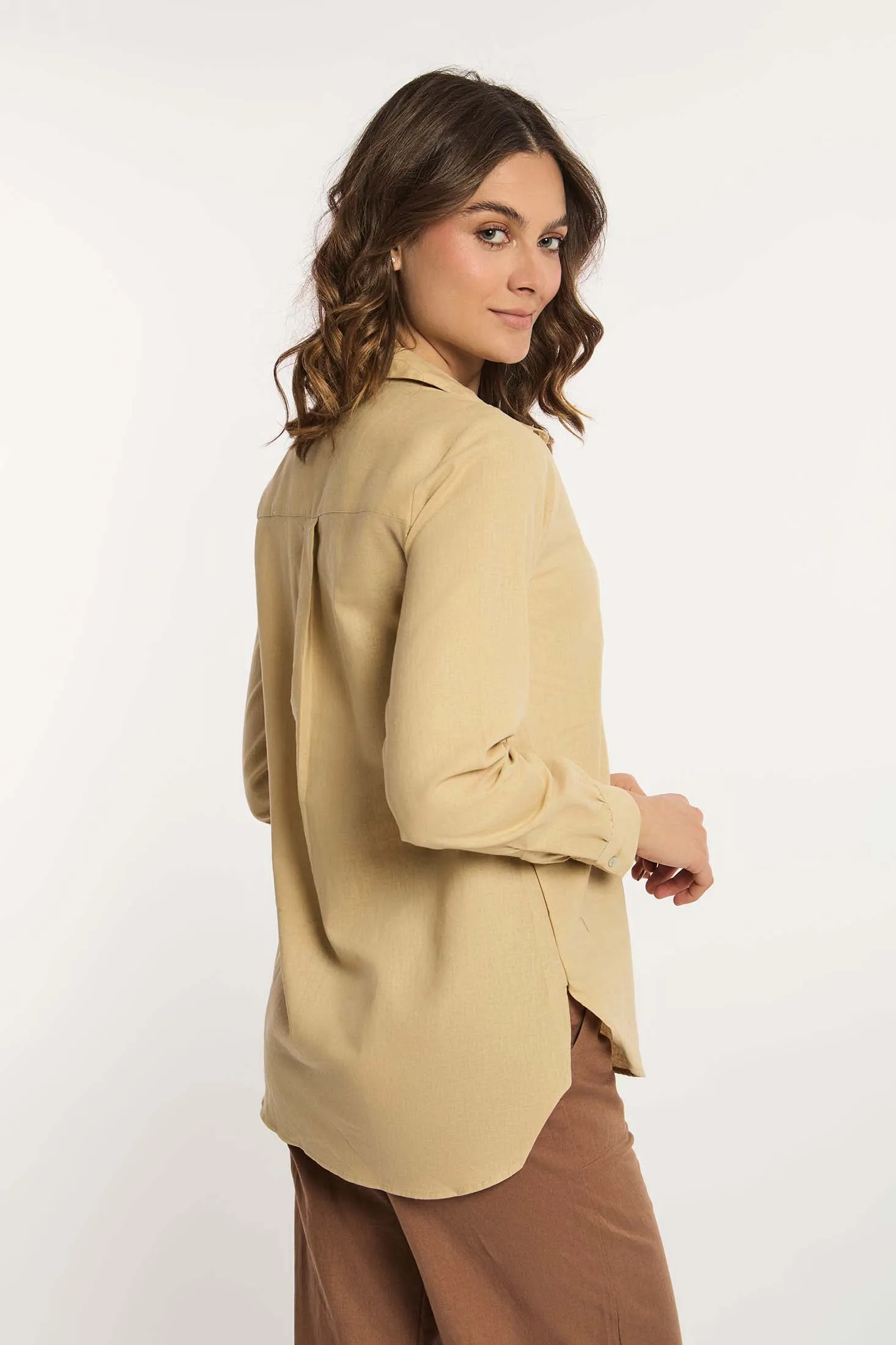 Women Blouse Long Sleeve Chest Cut Brown