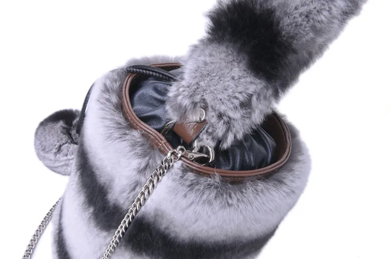 Women Real Rex Rabbit Fur Crossbody Handbags Fashion Plush Bucket Bags Cute Chain Shoulder Bag 8829