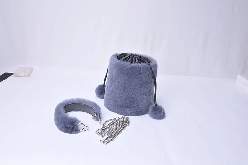 Women Real Rex Rabbit Fur Crossbody Handbags Fashion Plush Bucket Bags Cute Chain Shoulder Bag 8829