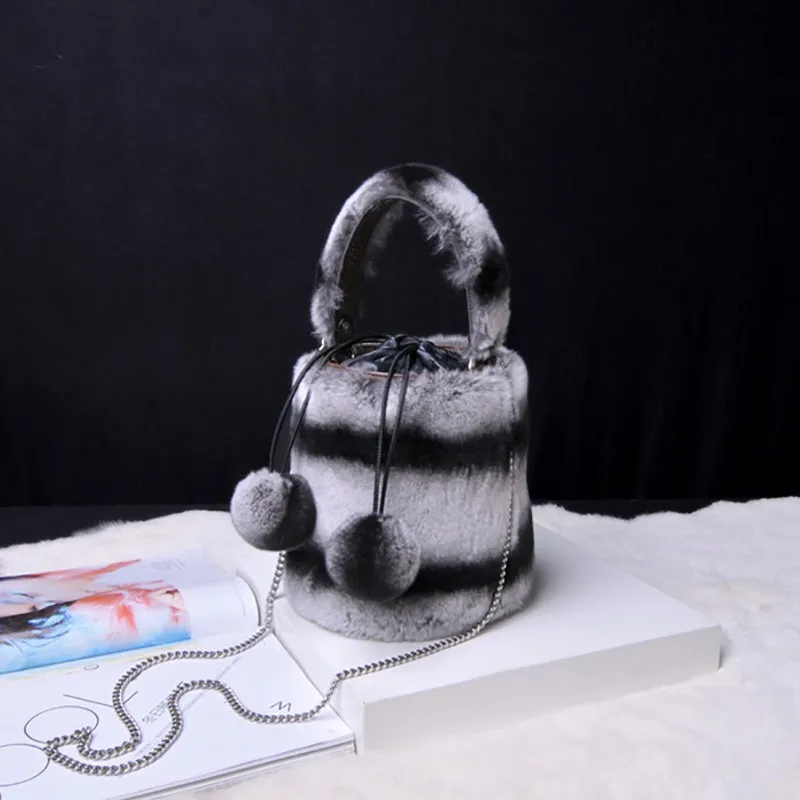 Women Real Rex Rabbit Fur Crossbody Handbags Fashion Plush Bucket Bags Cute Chain Shoulder Bag 8829