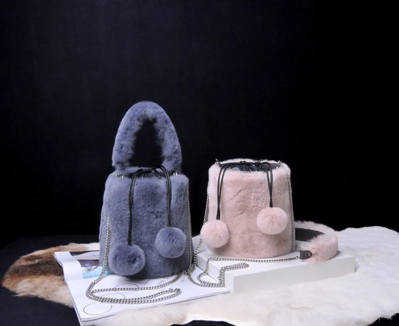 Women Real Rex Rabbit Fur Crossbody Handbags Fashion Plush Bucket Bags Cute Chain Shoulder Bag 8829