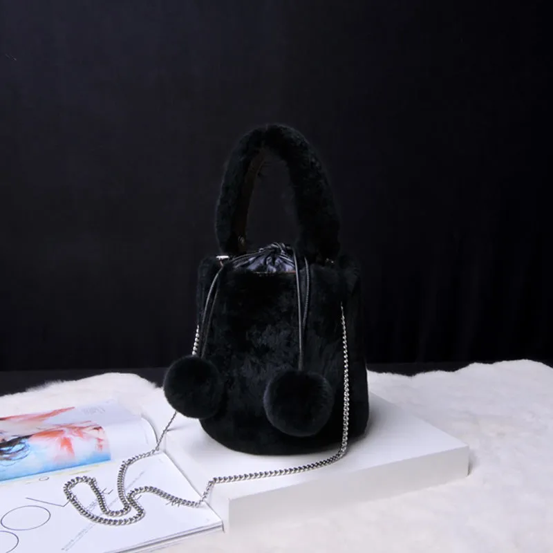 Women Real Rex Rabbit Fur Crossbody Handbags Fashion Plush Bucket Bags Cute Chain Shoulder Bag 8829