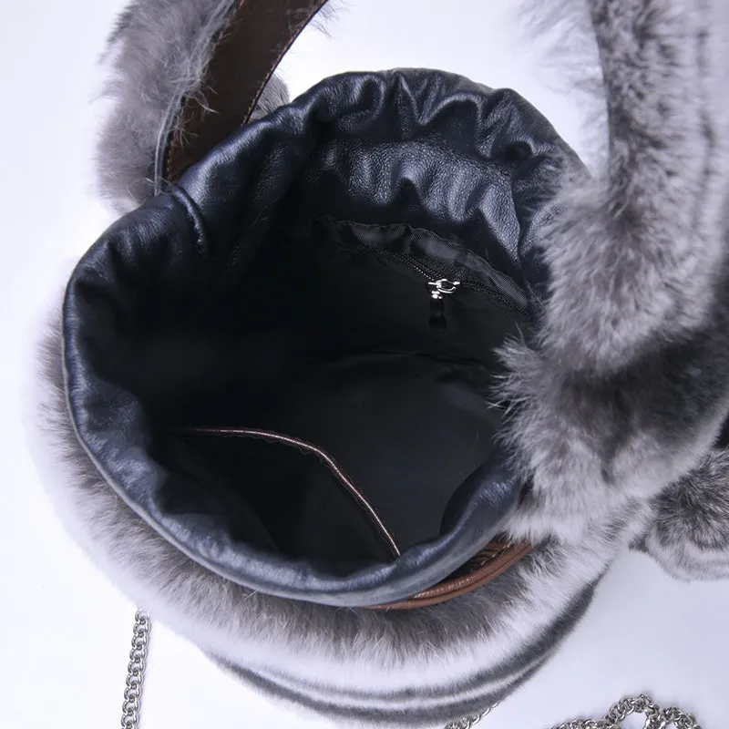 Women Real Rex Rabbit Fur Crossbody Handbags Fashion Plush Bucket Bags Cute Chain Shoulder Bag 8829