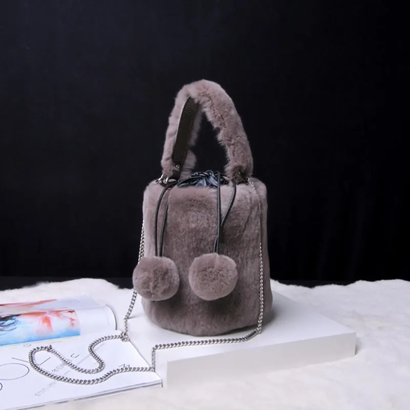 Women Real Rex Rabbit Fur Crossbody Handbags Fashion Plush Bucket Bags Cute Chain Shoulder Bag 8829