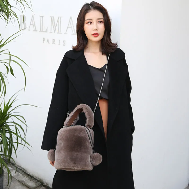 Women Real Rex Rabbit Fur Crossbody Handbags Fashion Plush Bucket Bags Cute Chain Shoulder Bag 8829