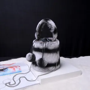 Women Real Rex Rabbit Fur Crossbody Handbags Fashion Plush Bucket Bags Cute Chain Shoulder Bag 8829