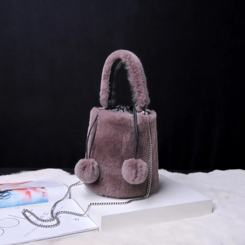 Women Real Rex Rabbit Fur Crossbody Handbags Fashion Plush Bucket Bags Cute Chain Shoulder Bag 8829