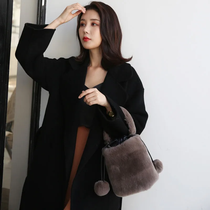 Women Real Rex Rabbit Fur Crossbody Handbags Fashion Plush Bucket Bags Cute Chain Shoulder Bag 8829