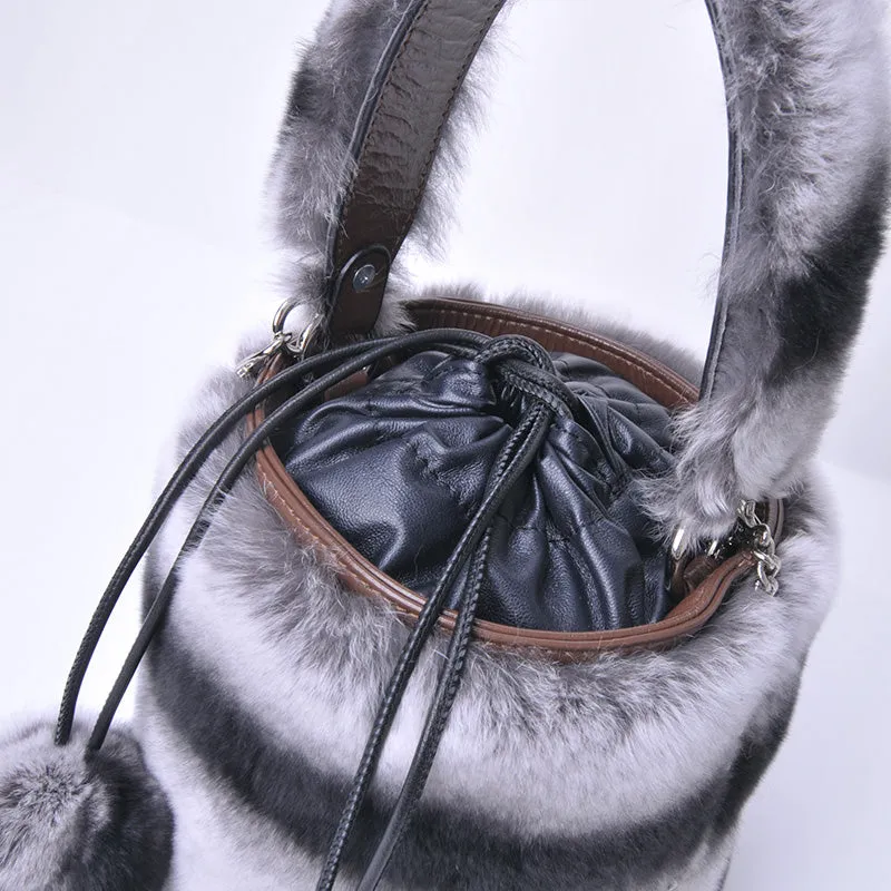 Women Real Rex Rabbit Fur Crossbody Handbags Fashion Plush Bucket Bags Cute Chain Shoulder Bag 8829