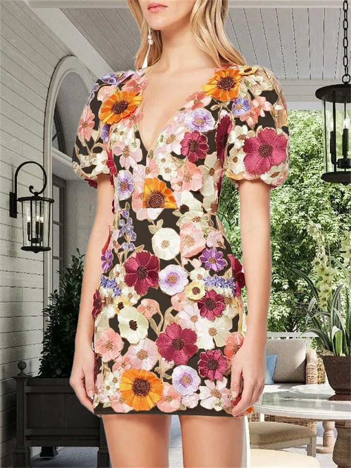Women's Colourful Flower V Neck Bodycorn Mini Dress