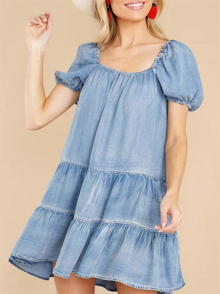 Women's Fashion Light Blue Denim Ruffled Hem Cake Dress