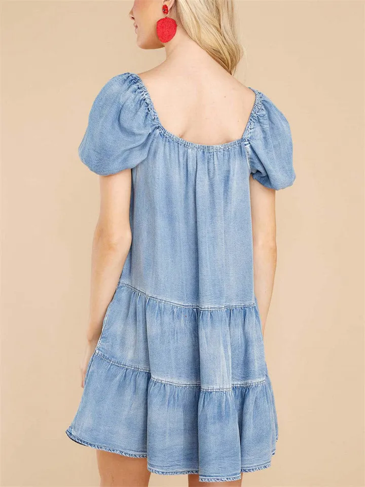 Women's Fashion Light Blue Denim Ruffled Hem Cake Dress