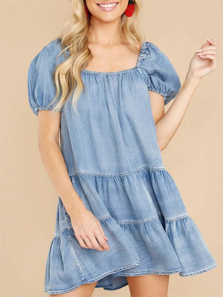 Women's Fashion Light Blue Denim Ruffled Hem Cake Dress