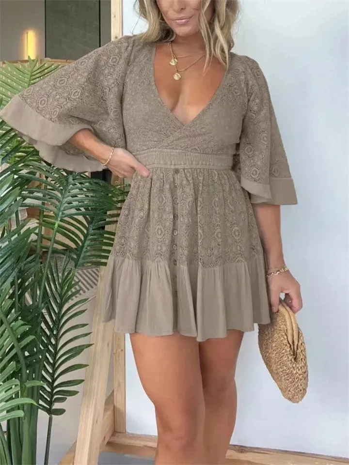 Women's Lace Crochet Romper Dress with Built-in Shorts