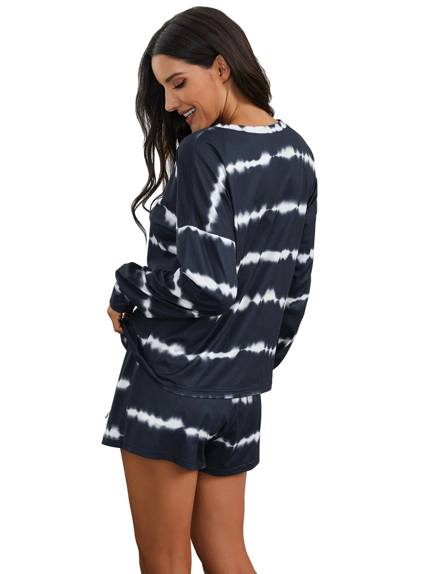 Womens Tie Dye Striped Long Sleeve 2 Piece Short Pajamas Set