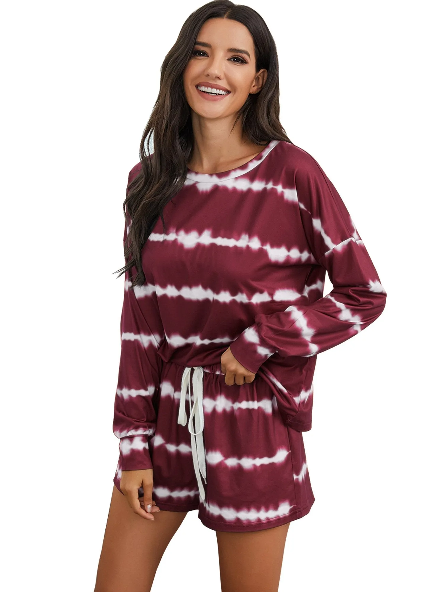 Womens Tie Dye Striped Long Sleeve 2 Piece Short Pajamas Set