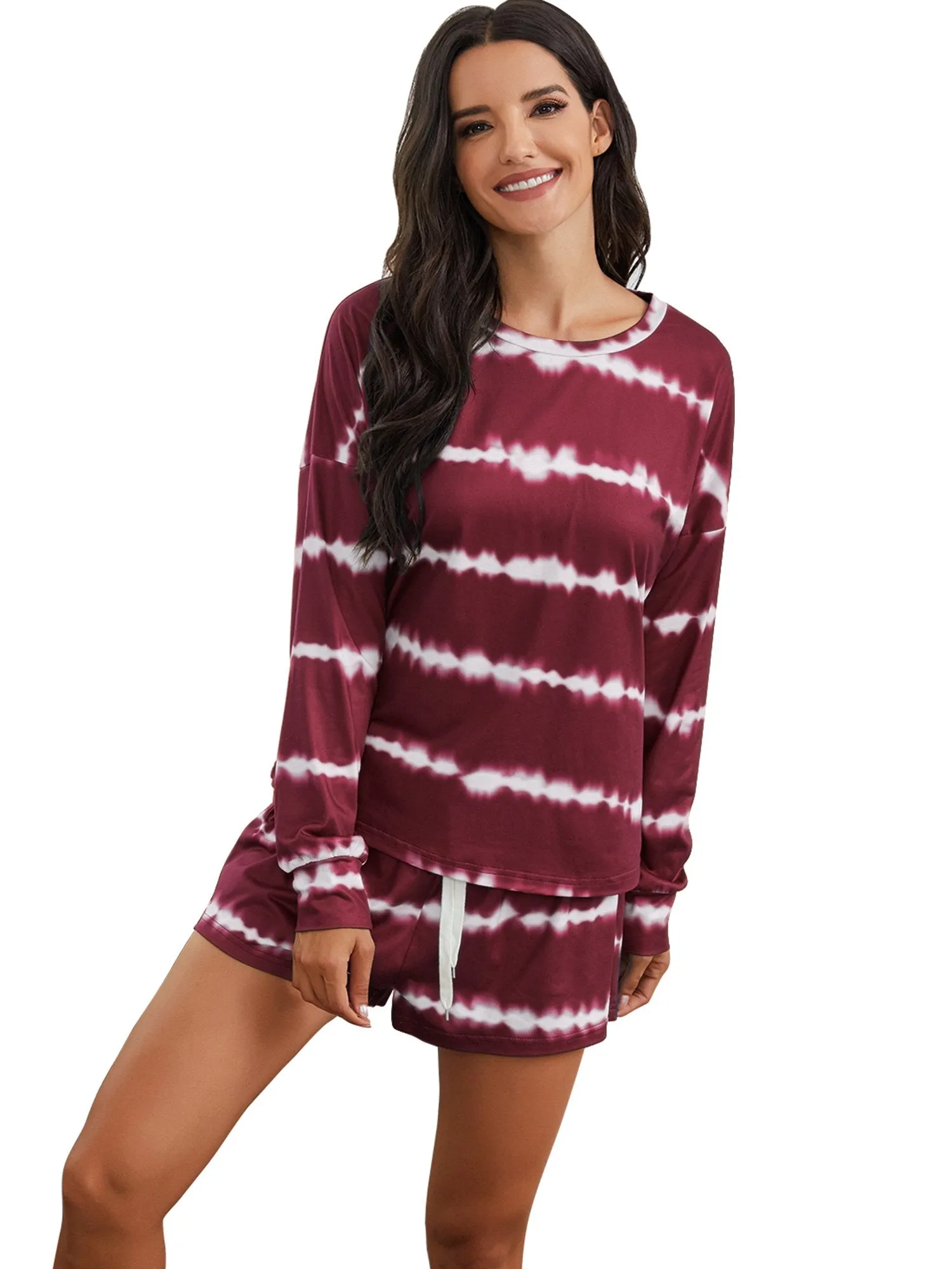 Womens Tie Dye Striped Long Sleeve 2 Piece Short Pajamas Set
