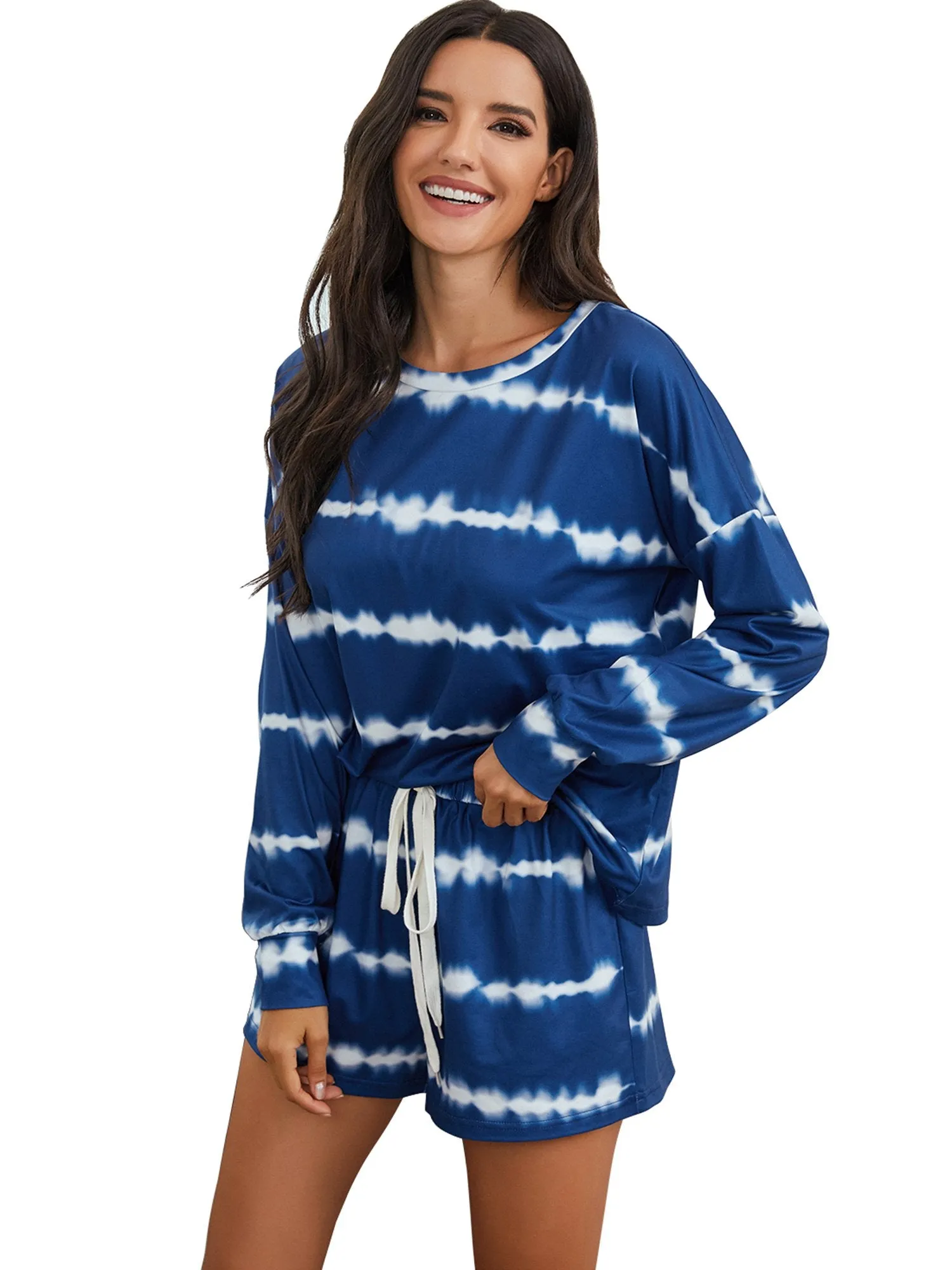Womens Tie Dye Striped Long Sleeve 2 Piece Short Pajamas Set