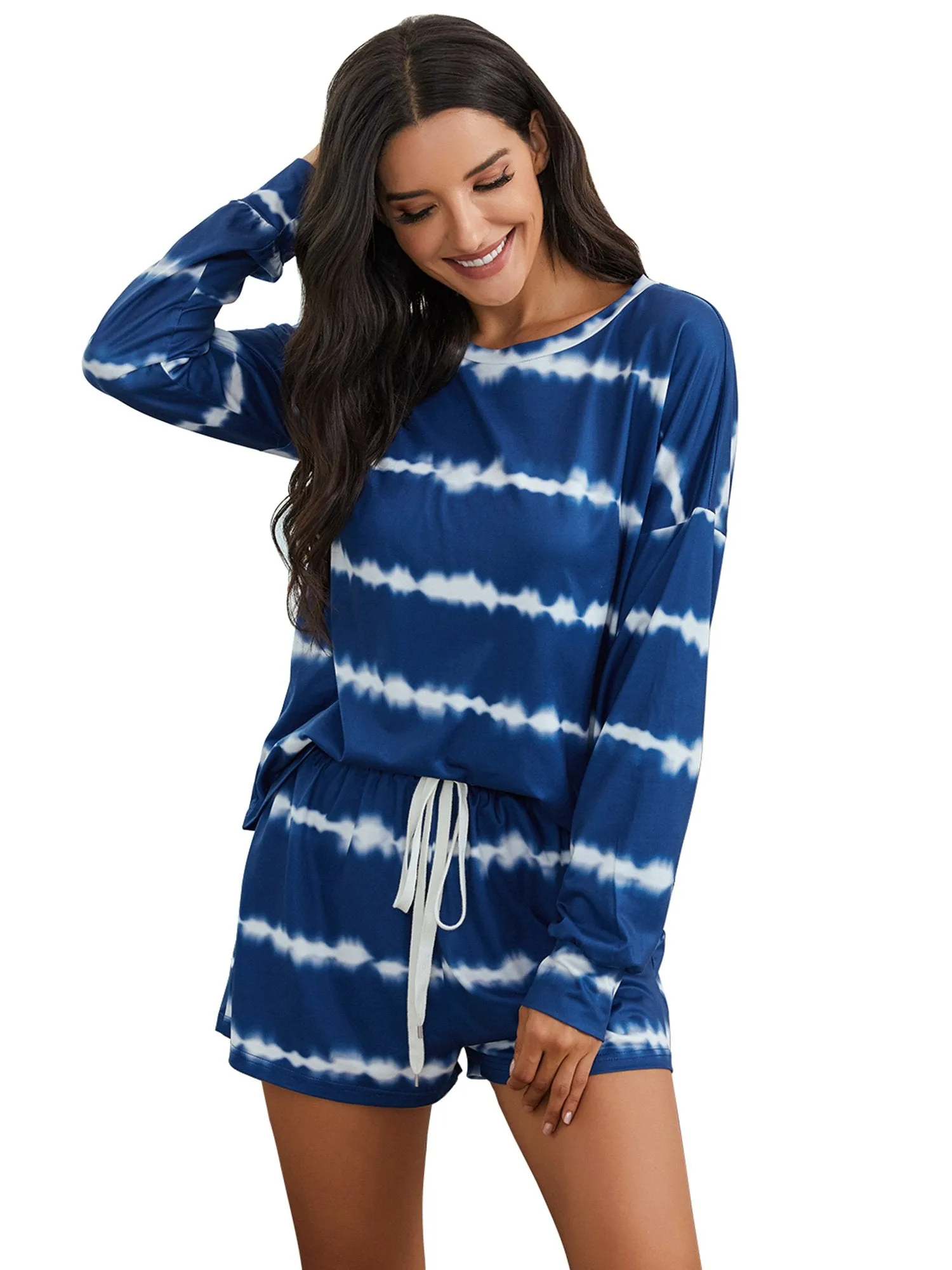 Womens Tie Dye Striped Long Sleeve 2 Piece Short Pajamas Set