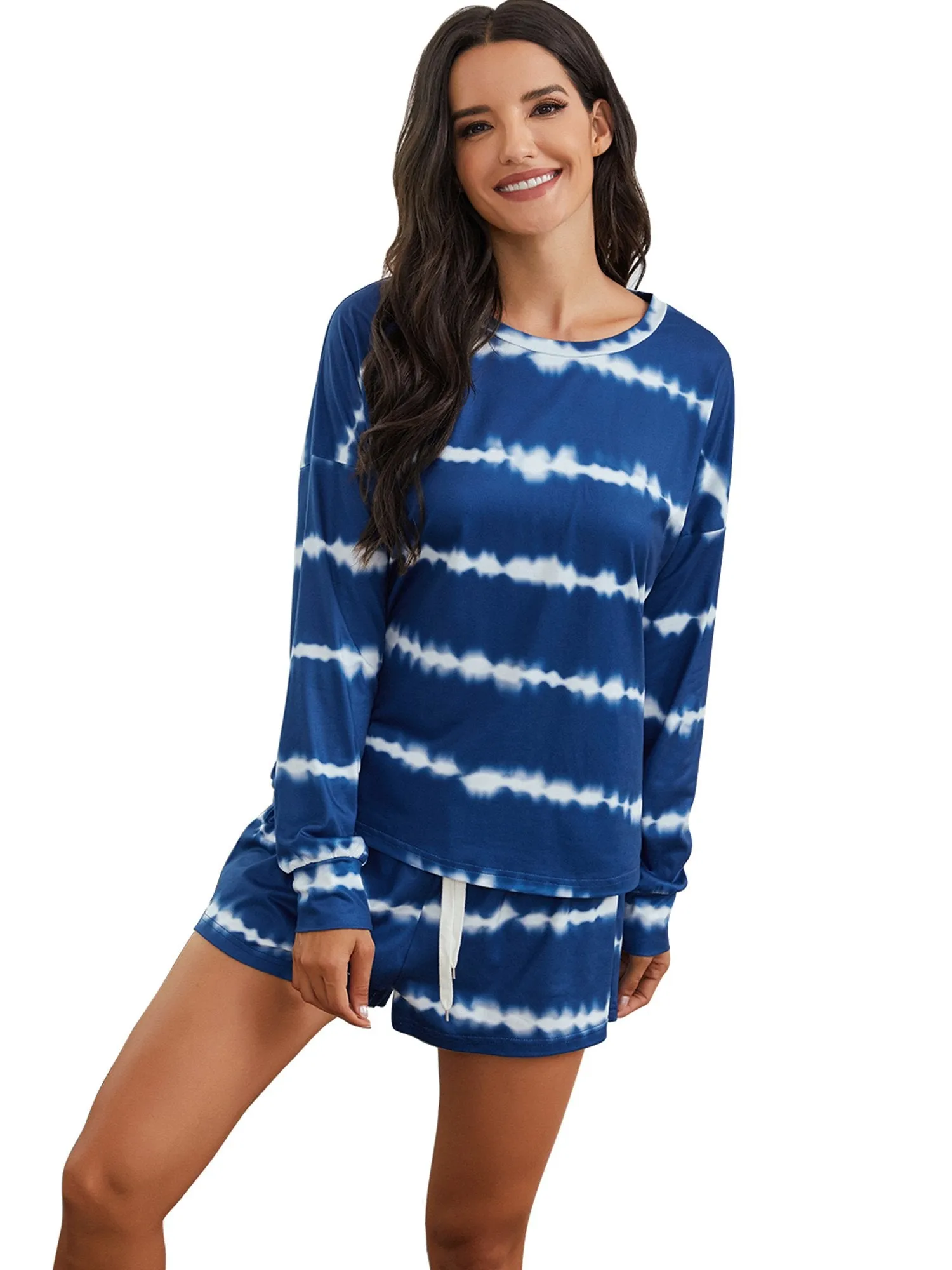 Womens Tie Dye Striped Long Sleeve 2 Piece Short Pajamas Set