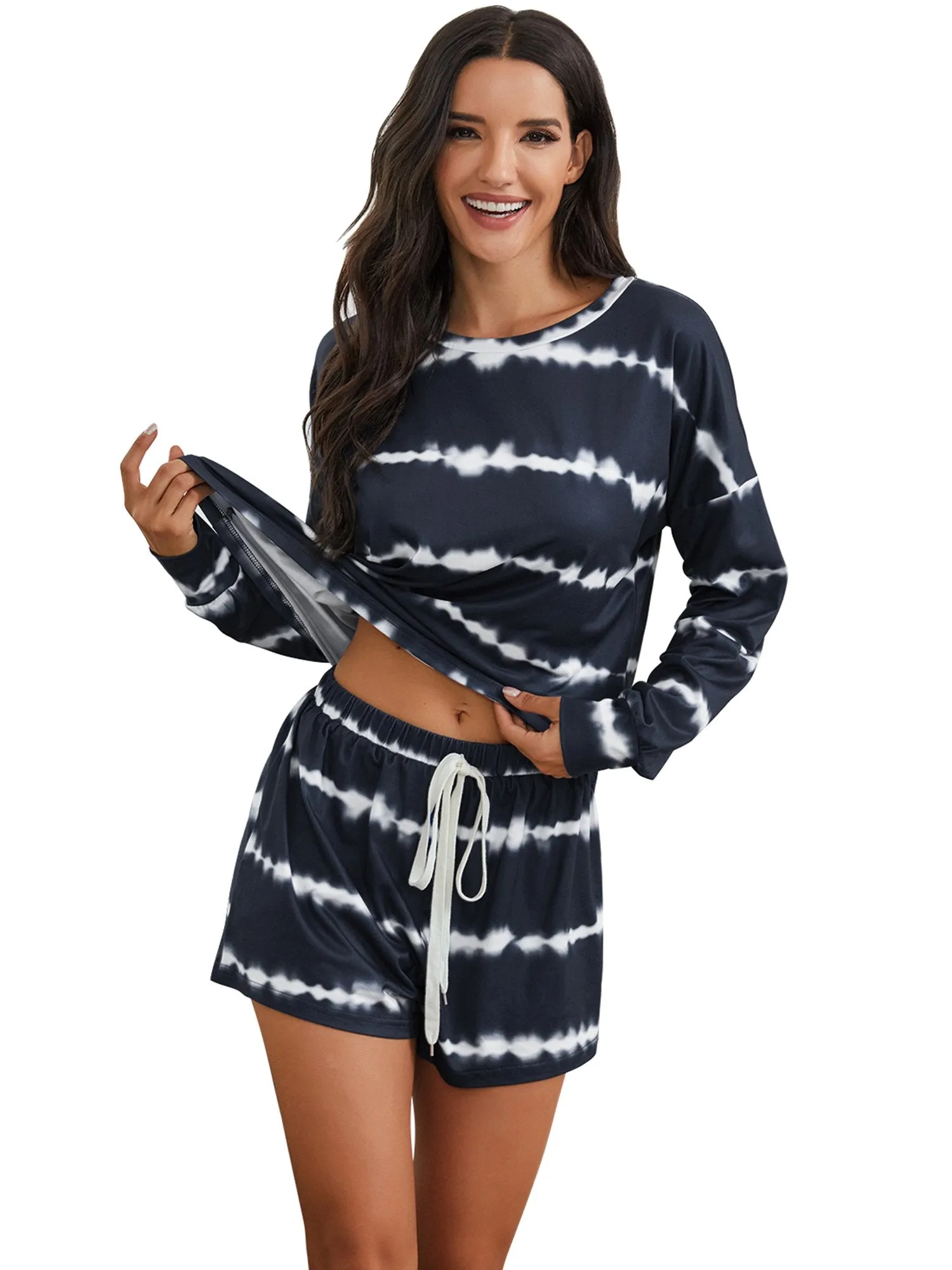 Womens Tie Dye Striped Long Sleeve 2 Piece Short Pajamas Set