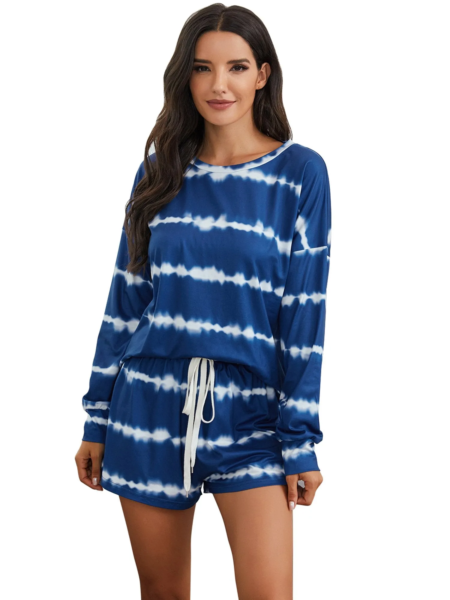 Womens Tie Dye Striped Long Sleeve 2 Piece Short Pajamas Set