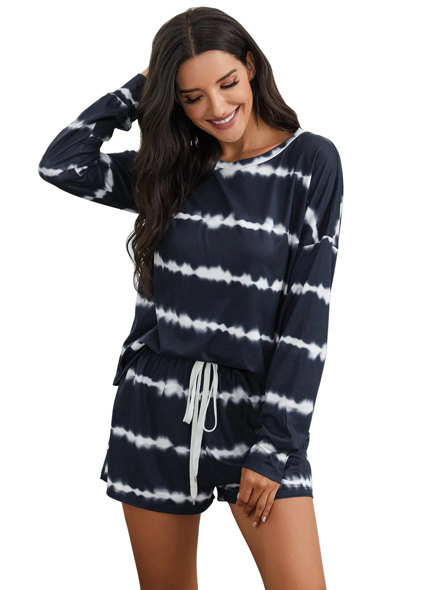 Womens Tie Dye Striped Long Sleeve 2 Piece Short Pajamas Set