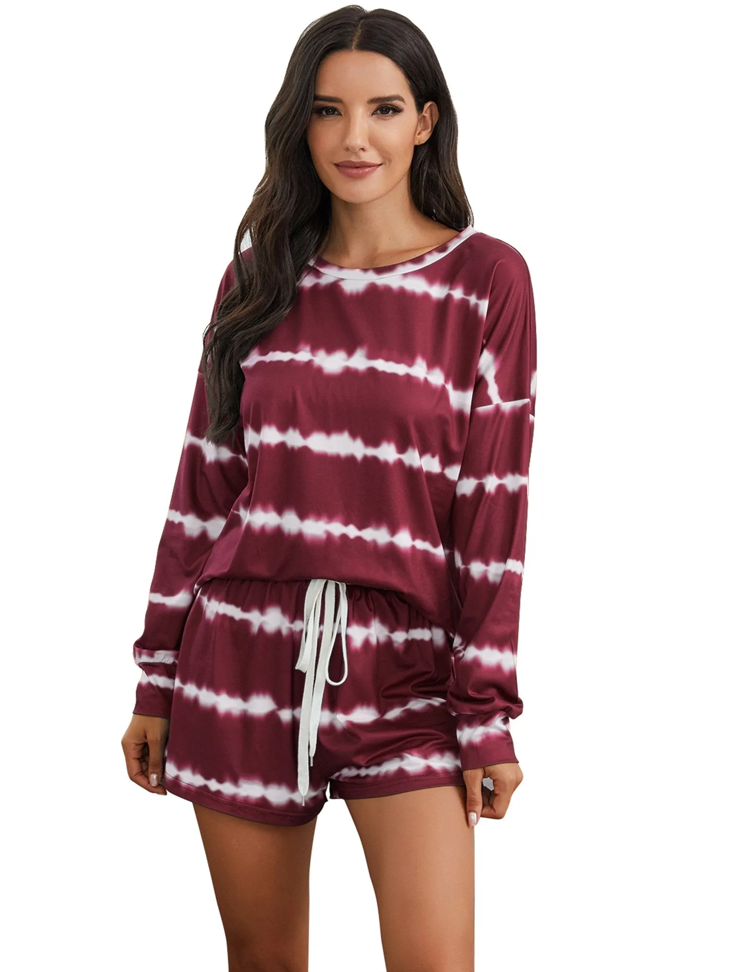 Womens Tie Dye Striped Long Sleeve 2 Piece Short Pajamas Set