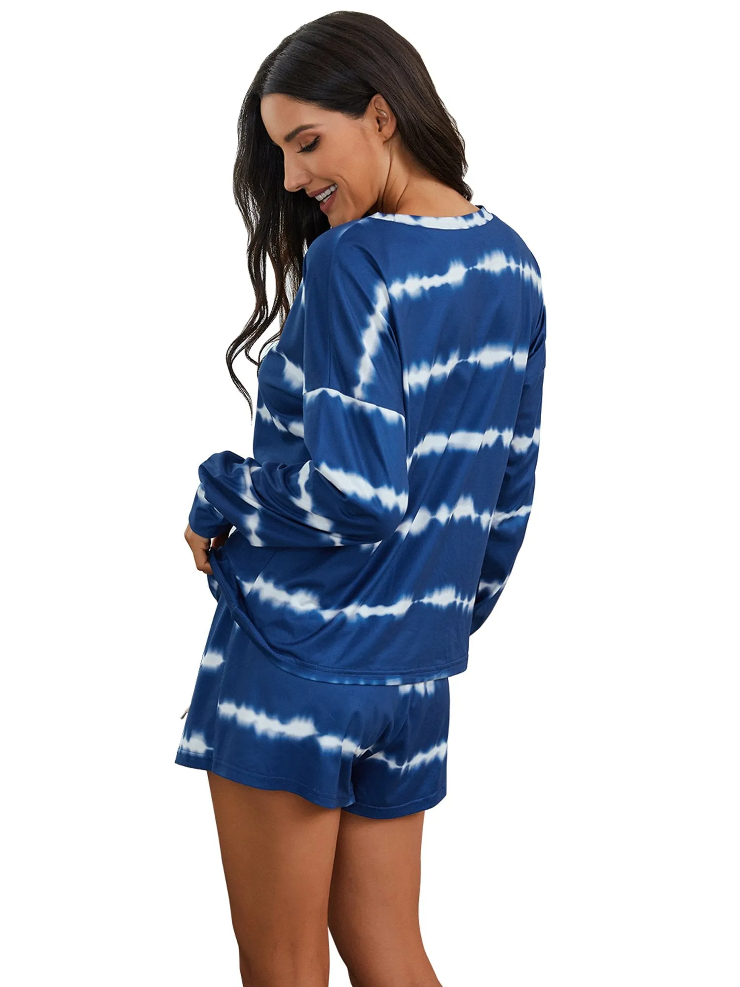 Womens Tie Dye Striped Long Sleeve 2 Piece Short Pajamas Set