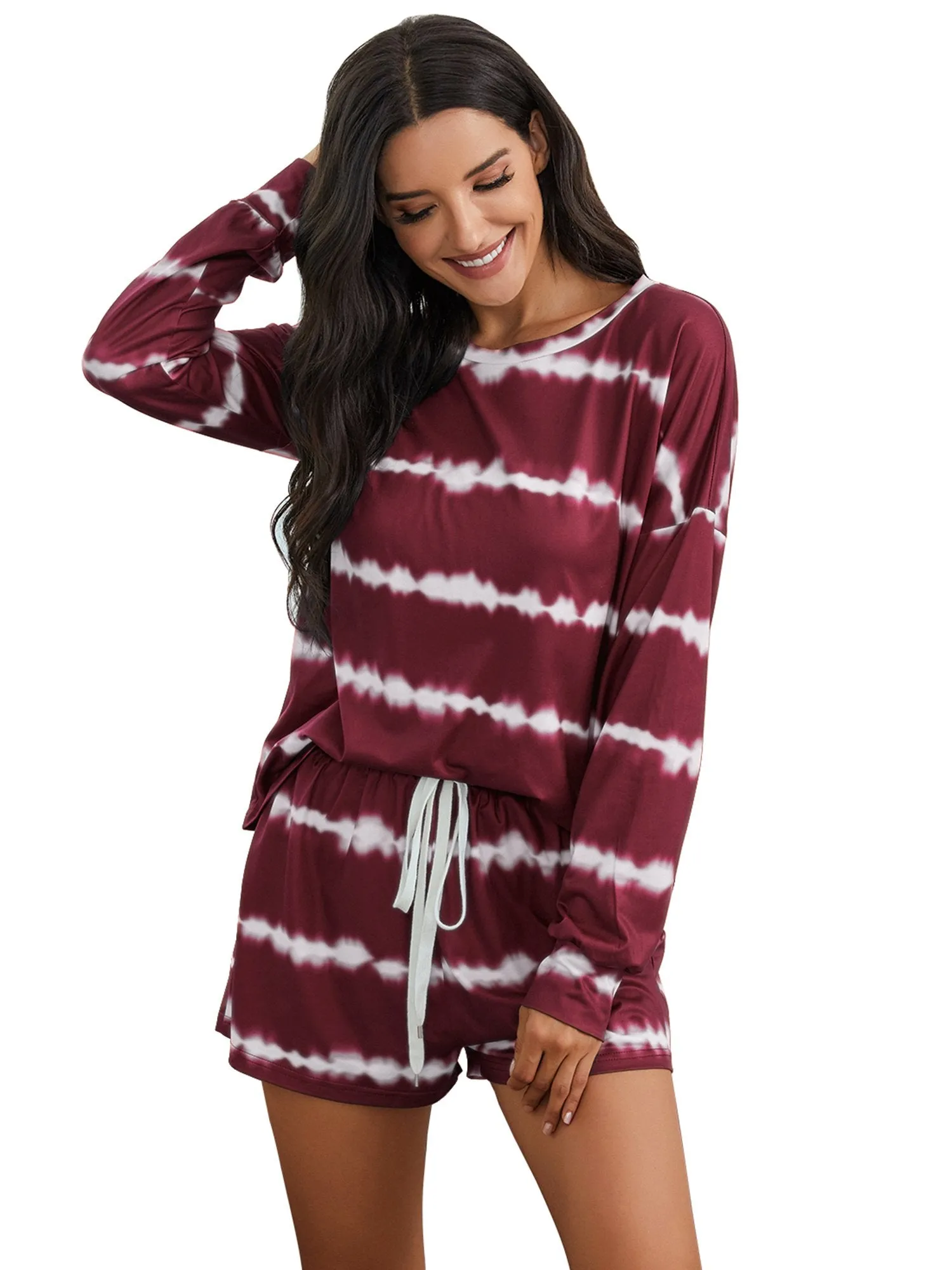 Womens Tie Dye Striped Long Sleeve 2 Piece Short Pajamas Set