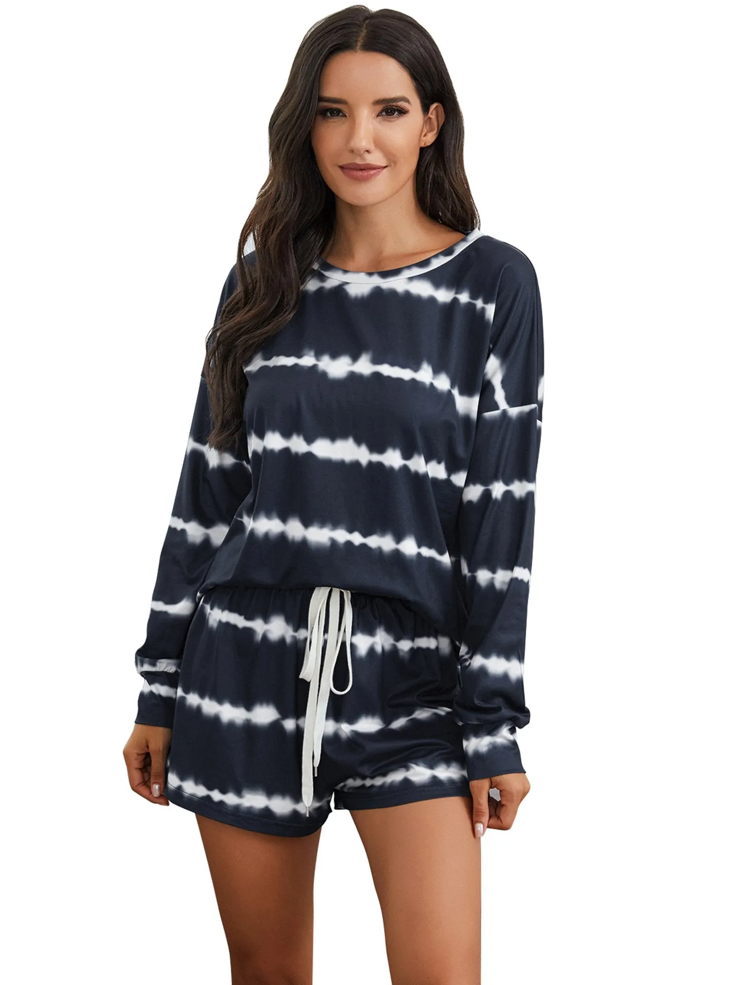 Womens Tie Dye Striped Long Sleeve 2 Piece Short Pajamas Set