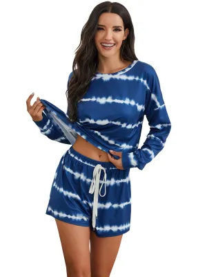 Womens Tie Dye Striped Long Sleeve 2 Piece Short Pajamas Set