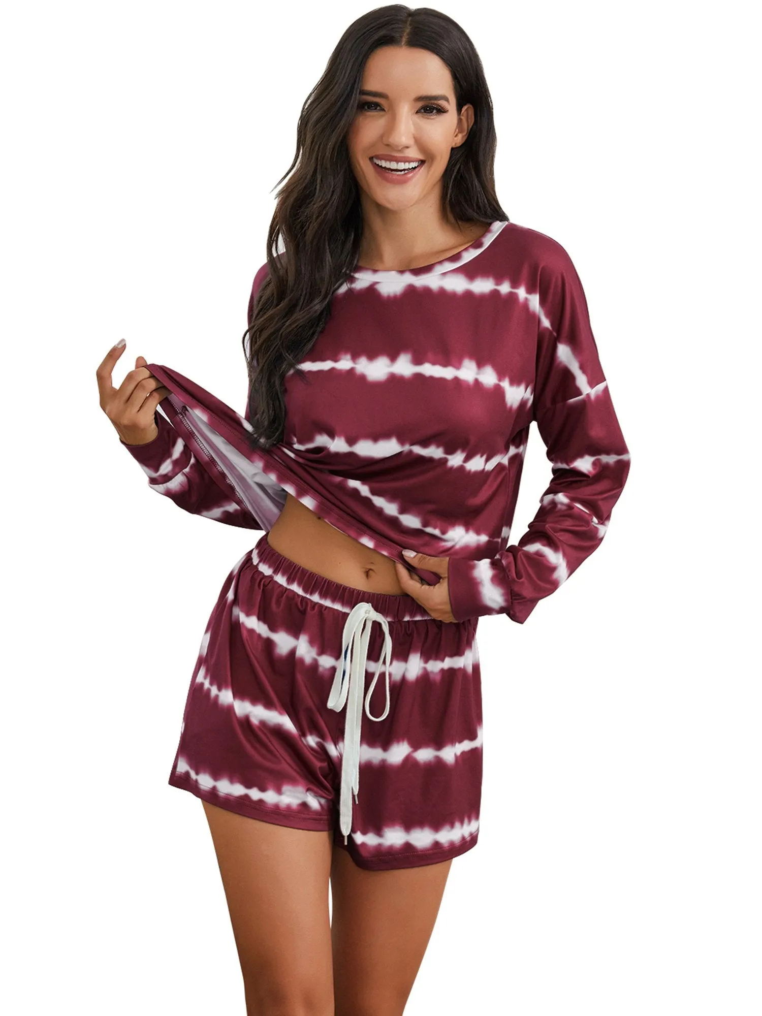 Womens Tie Dye Striped Long Sleeve 2 Piece Short Pajamas Set