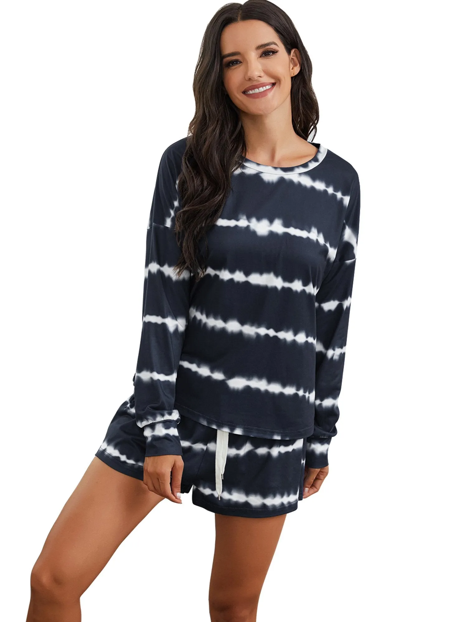 Womens Tie Dye Striped Long Sleeve 2 Piece Short Pajamas Set