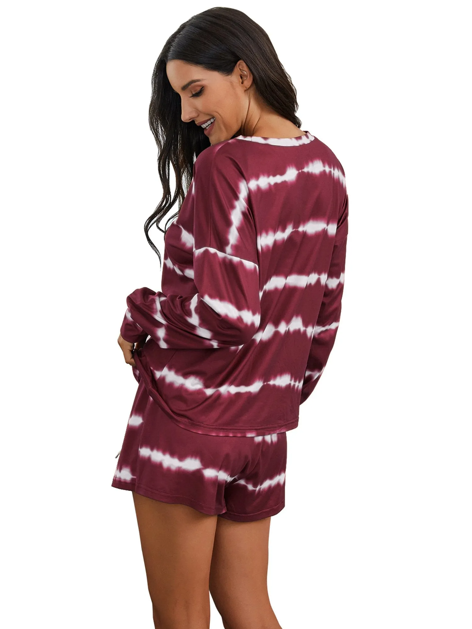 Womens Tie Dye Striped Long Sleeve 2 Piece Short Pajamas Set