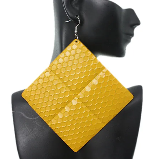 Yellow Oversized Hammered Honeycomb Pyramid Earrings
