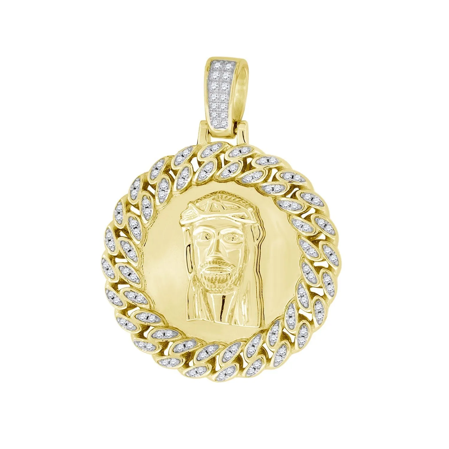 Yellow-tone Sterling Silver Wo Round Cubic Zirconia CZ Jesus Face Cub link Circle Shape Pendant
