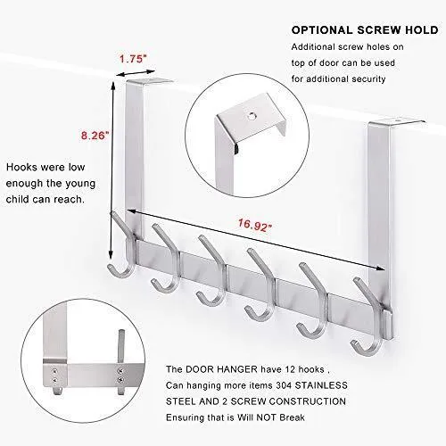 YUMORE Door Hanger,Stainless Steel Heavy Duty Over The Door Hook for Coats Robes Hats Clothes Towels, Hanging Towel Rack Organizer, Easy Install Space Saving Bathroom Hooks